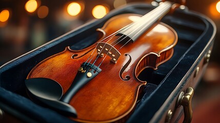Fototapeta premium Violin case slightly open revealing golden fine tuners shining under stage lights
