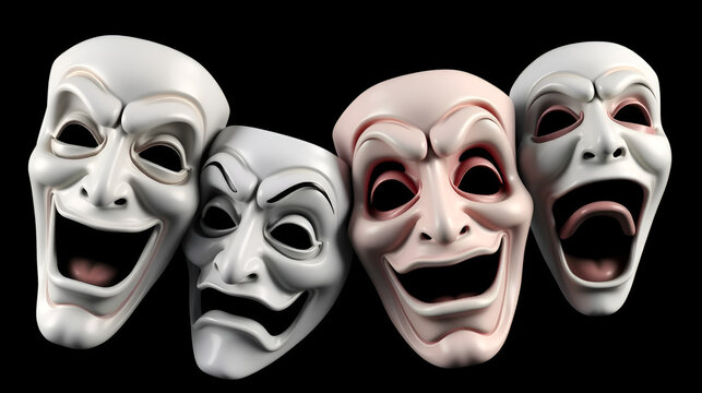 Theater Masks. Tragicomic theater grotesque masks isolated on black background. White colored version. 3D-rendering graphics.