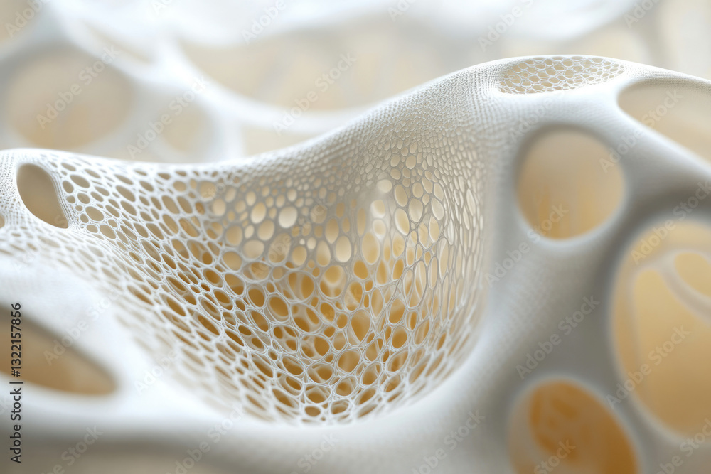 Poster Abstract 3D rendering of a porous, organic-like structure with interconnected cavities and a flowing, wave-like form.