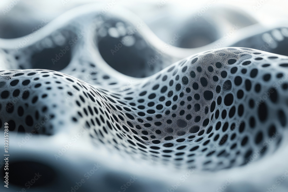 Poster Abstract 3D rendering of a flowing, porous, network structure with a grayscale color palette.