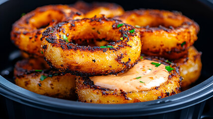 Crispy Onion Rings Stacked with Spicy Sauce on Black Plate Ready to Serve in Restaurant or Home Kitchen Setting, Close-Up View Mouth-Watering Food