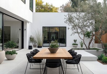 Fototapeta premium Modern outdoor dining area with minimalist design, large wooden table, stylish black chairs, and lush greenery in bright contemporary setting