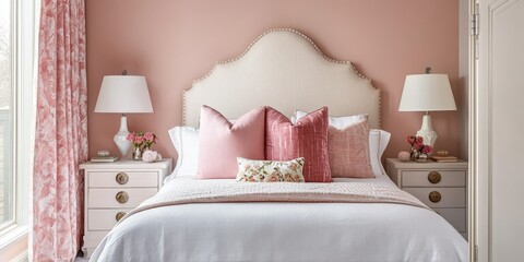 A beautifully designed bedroom with a soft pink color scheme