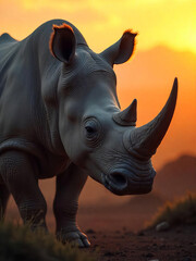 Fototapeta premium A close-up portrait of a Javan rhinoceros, showcasing its wrinkled skin and single horn, set against the backdrop of a misty, volcanic landscape at dawn