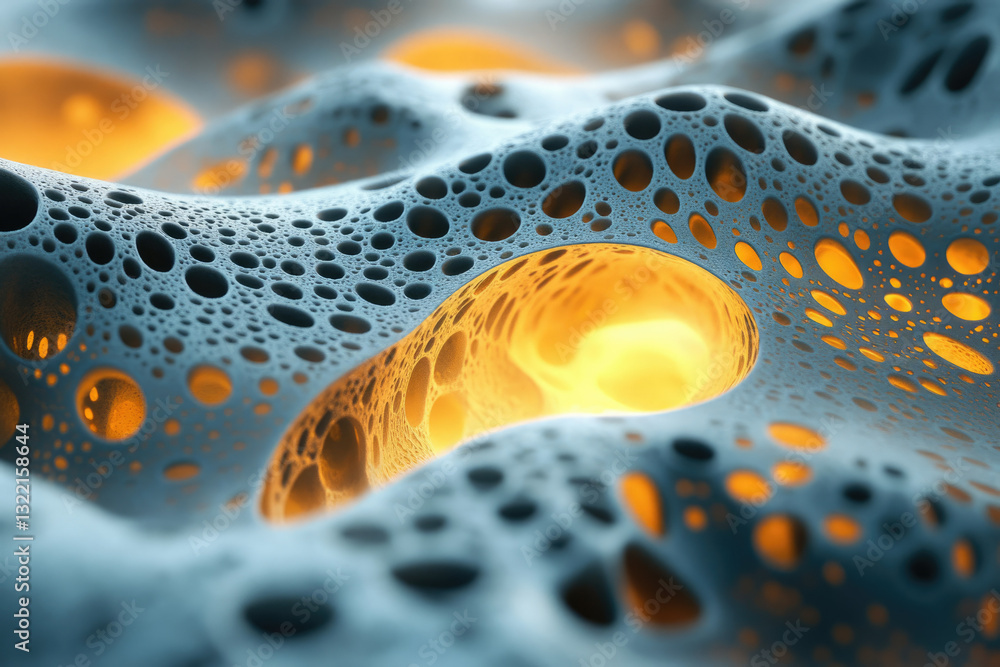 Poster abstract 3d render of a porous, cavernous surface with glowing inner cavities.