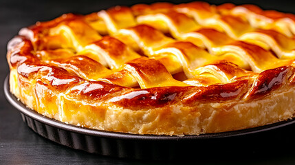 Delicious golden brown pie with perfectly woven lattice crust, freshly baked and ready to be served on a dark wooden table background
