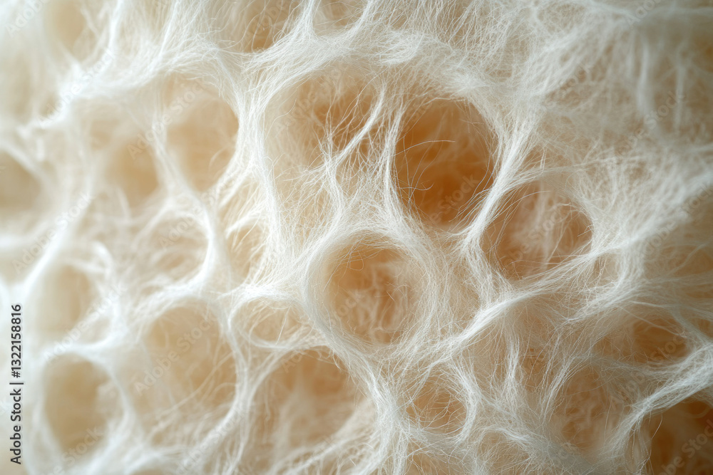 Poster Close-up of a delicate, web-like structure with fine, light-colored fibers creating a porous texture.