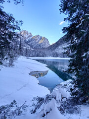 winter in the Italian mountains at the Lake Braies in Tyrol.
