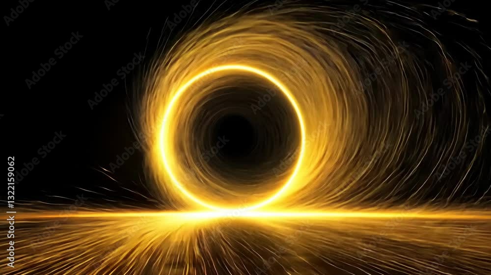Poster spiraling golden light creates dynamic pattern against a black background in an artistic display of 