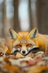 Obraz premium Adorable Baby Fox Sleeping in Autumn Forest Leaves
