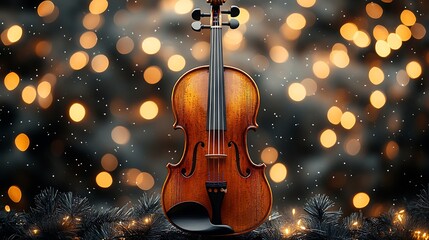 Violin scroll with golden details softly illuminated against blurred stage lights