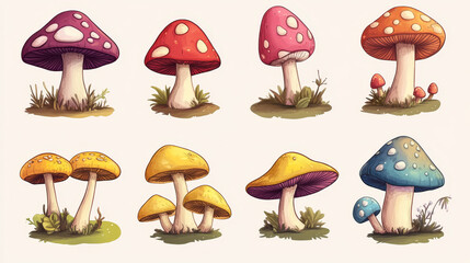 Psychedelic mushrooms. Abstract hand drawn coloring amanita and hipppie fungi, stylized linear magic mushrooms graphic. Vector isolated set. Illustration of psychedelic mushroom