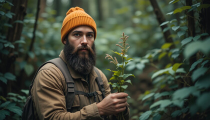 Obraz premium A Bearded Man, Deeply Connected To Nature, Carefully Examines A Wild Plant Amidst A Lush Forest, Showcasing His Earthy Charm And Love For The Wilderness With Soft Light And A Blurred Background