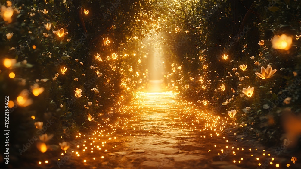 Poster a golden path illuminated by soft beams of sunlight filtering through a dense canopy, lined with glo