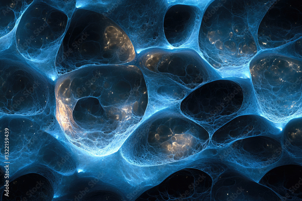 Poster abstract cosmic artwork depicting interconnected glowing blue caverns, resembling a neural network o