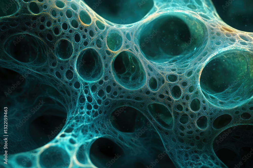 Poster abstract teal and gold network structure resembling a complex organic cellular system.