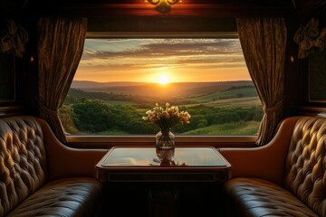 Sunset view from a luxurious train cabin with a vase of tulips on a table.