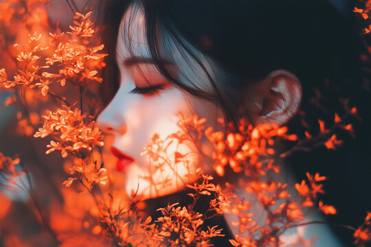 A mesmerizing portrait of a woman surrounded by delicate red and orange foliage, creating a soft and dreamy atmosphere. The warm tones and gentle light enhance the sense of tranquility and natural bea