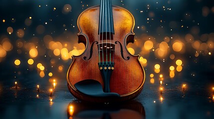 Golden accents on violin pegs glowing warmly against rich wood tones under dim light