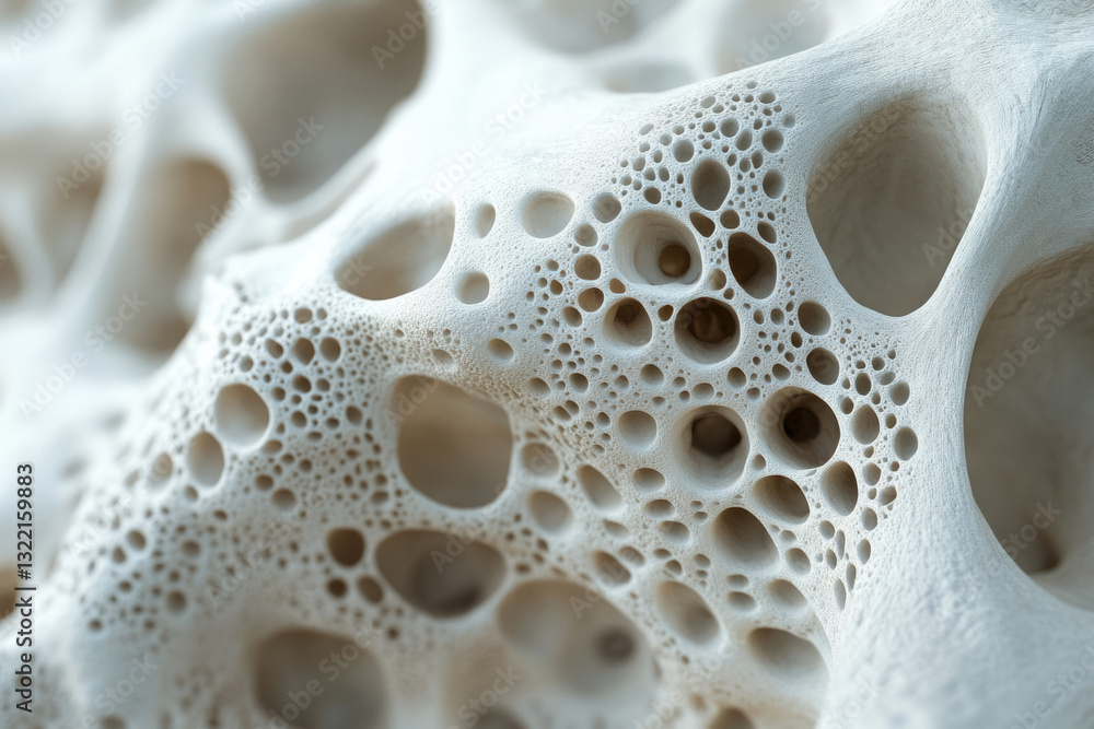 Poster close-up of a porous, textured surface resembling bone structure or a sponge-like material.