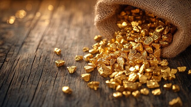 Scattered bag of gold nuggets on a gray table