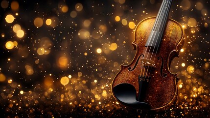 Fototapeta premium Rich wood grain of violin glowing under golden details during live performance