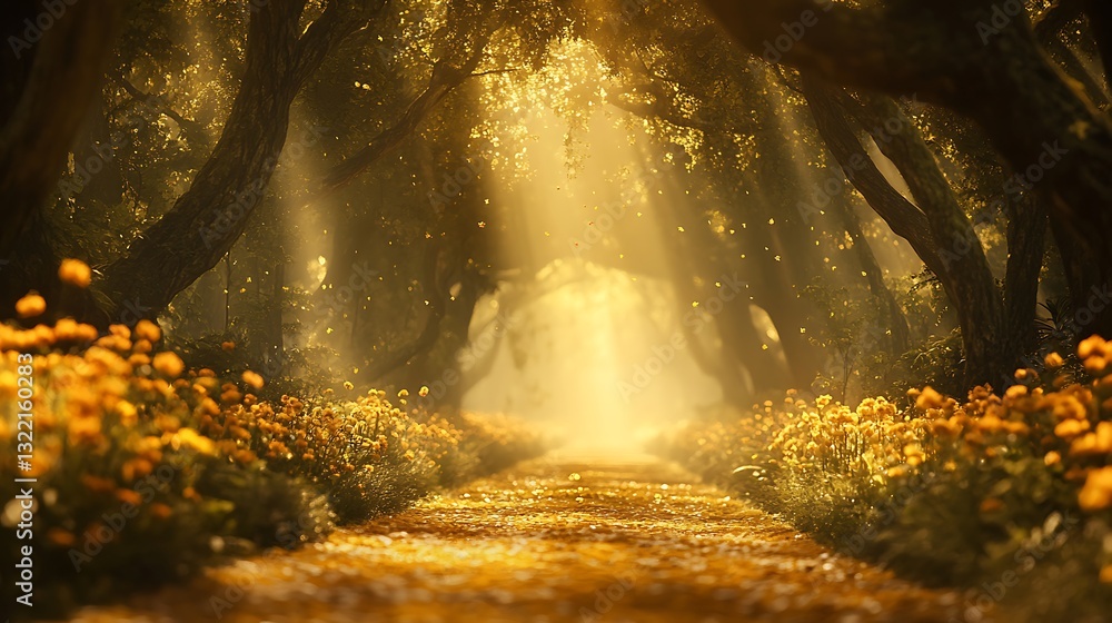 Poster a golden path illuminated by soft beams of sunlight filtering through a dense canopy, lined with glo