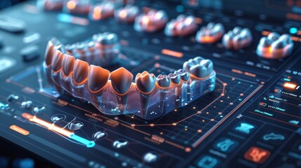 A digital display highlights a realistic 3D model of dental teeth, with various controls and data points visible, emphasizing modern dentistry techniques in a clinical environment.