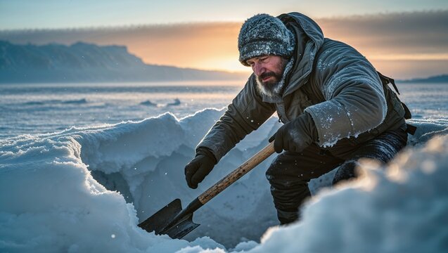 A dedicated survivalist digs diligently into deep snow, using a shovel to explore a frozen landscape during the early morning light. The cold setting creates a stark atmosphere