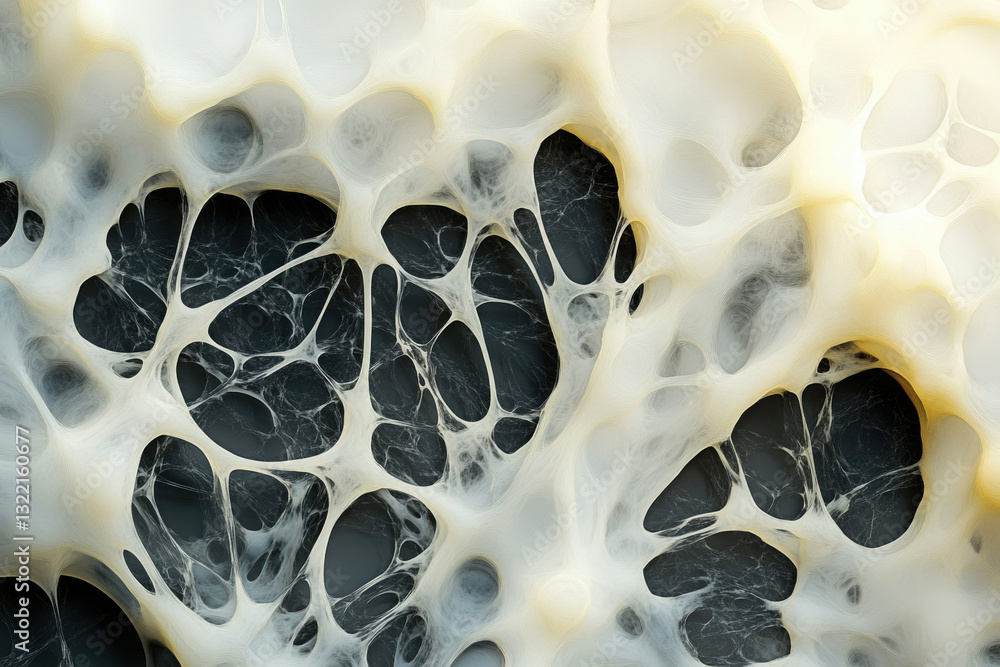Poster abstract image depicting a complex network of interconnected, organic-looking, creamy-white structur
