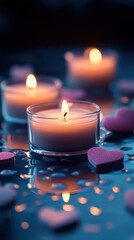 Romantic ambiance with candles and heart-shaped decorations in a cozy setting