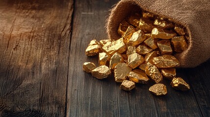 Scattered bag of gold nuggets on a gray table