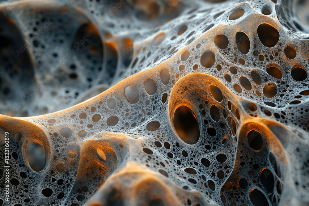 Aufkleber abstract 3d rendering of a porous, sponge-like structure with orange highlights.