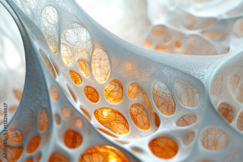 Poster Abstract 3D render of a porous, interconnected network with glowing orange inner structures.