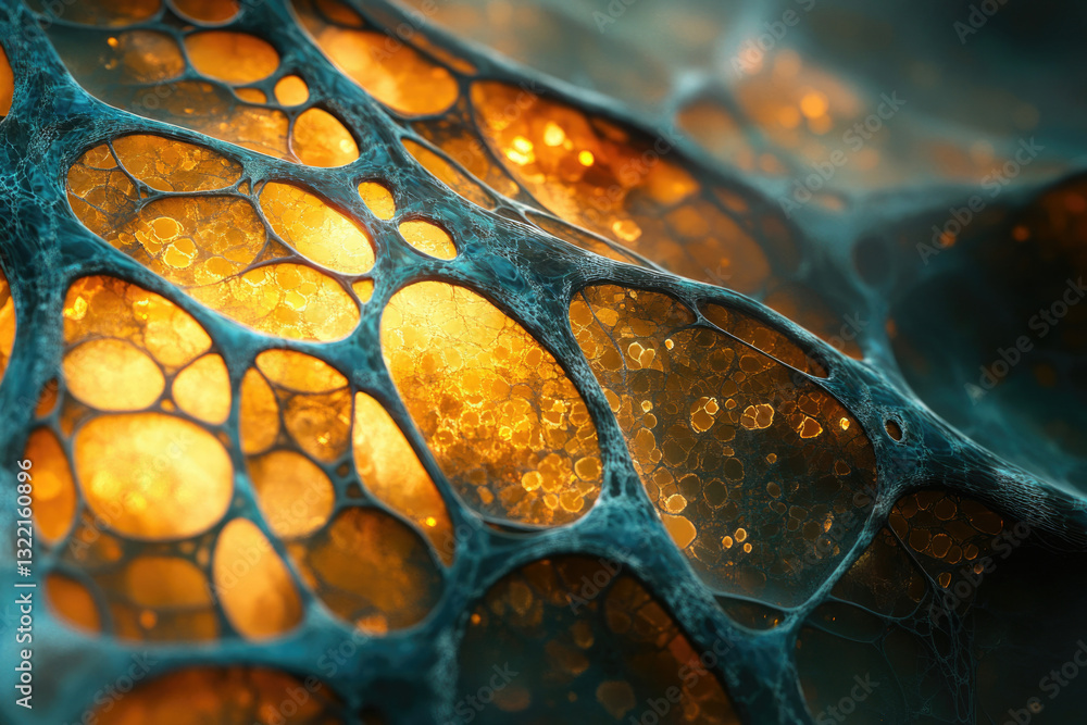 Poster Abstract image depicting a network of interconnected, glowing, organic structures resembling cells or veins.