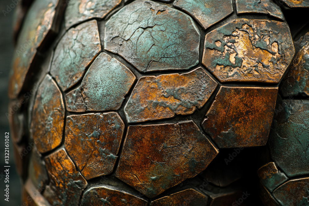 Poster close-up of a weathered bronze sphere composed of hexagonal plates, showcasing intricate texture and