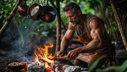 A skilled survivalist prepares a meal by chopping wood and tending to flames in a lush forest. Surrounding him are cooking pots dangling from branches, showcasing his resourcefulness