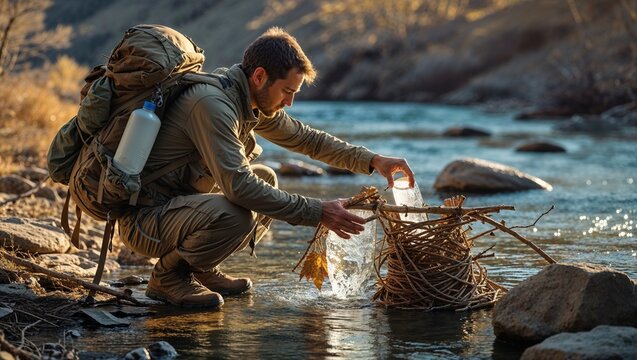 A survivalist kneels by a river, carefully assembling sticks to create a natural filtration system. Sunlight filters through trees, casting soft shadows as he prepares to collect safe drinking water