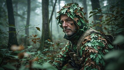 A man dressed in full camouflage made of leaves peers from a thicket in a misty forest. He is engaged in survival training, honing his skills for wilderness scenarios