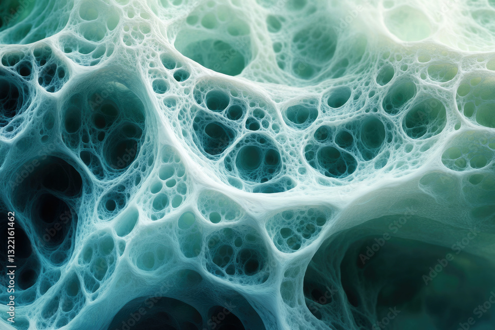 Poster Abstract image depicting a complex network of interconnected cavities, resembling a porous structure or intricate organic form.