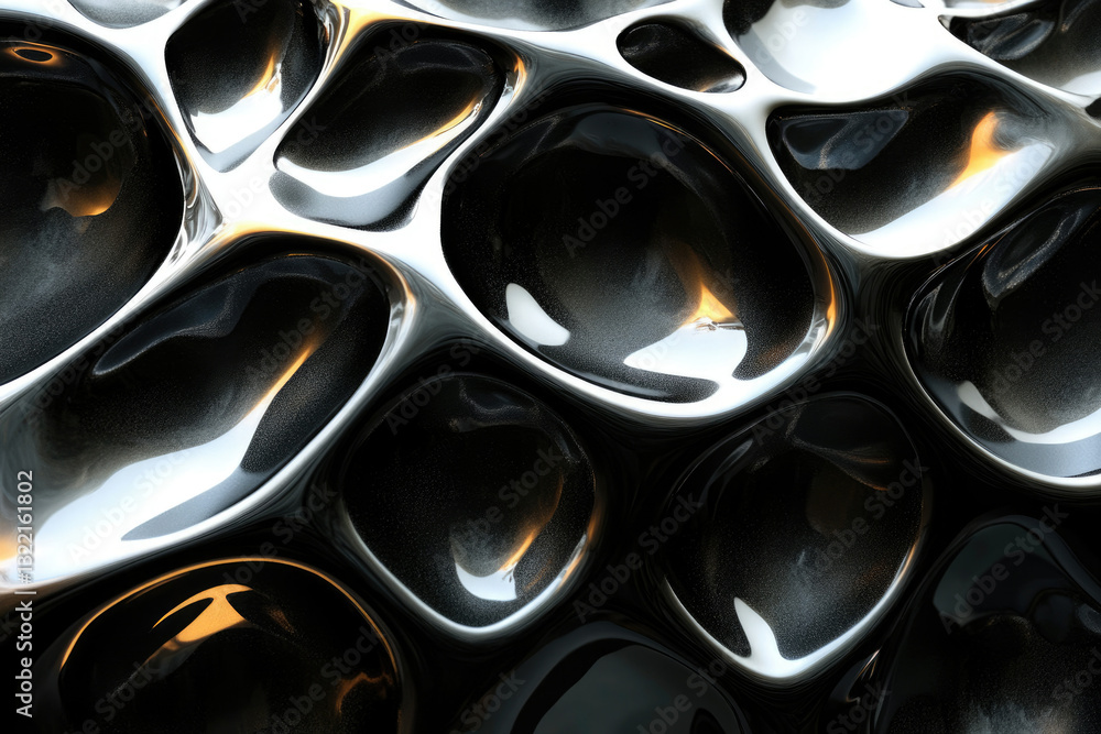 Poster abstract 3d rendering of a polished, dark metallic surface with fluid, organic shapes and reflective