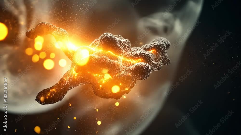 Poster dynamic interaction of particles showcasing vibrant energy and movement in a dark backdrop
