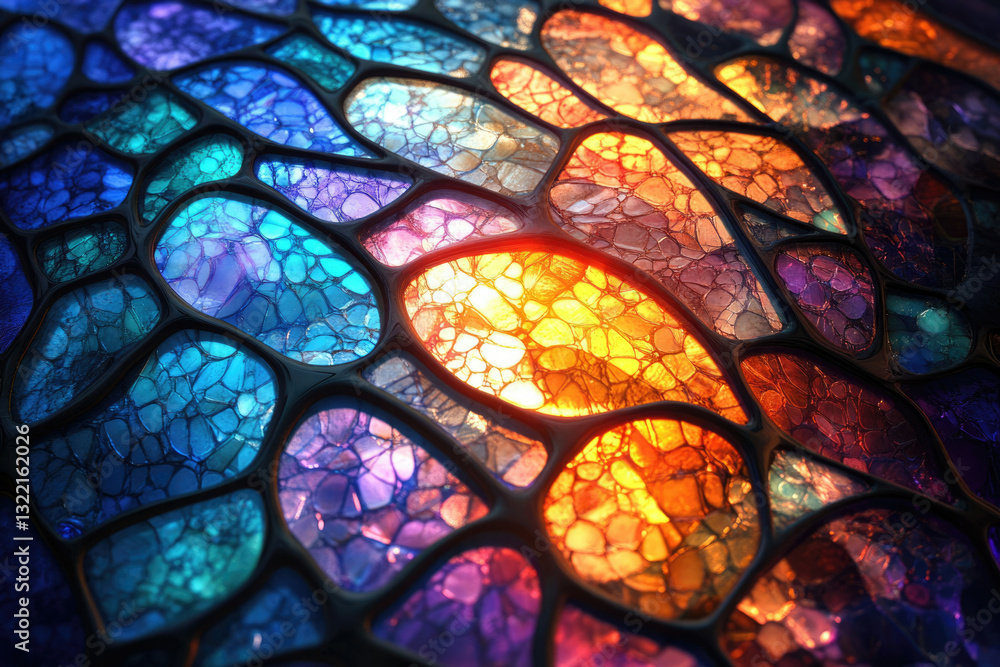Poster abstract stained glass artwork with vibrant, multicolored, organic shapes creating a mesmerizing pat