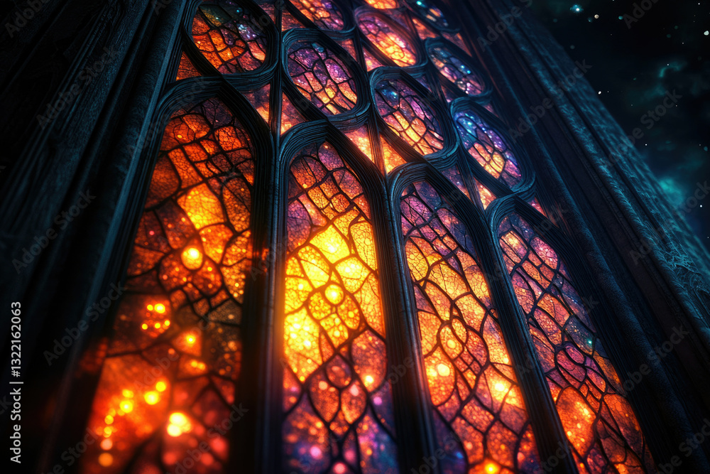 Poster a mesmerizing gothic stained-glass window glows with fiery, cosmic hues, creating a mystical and enc
