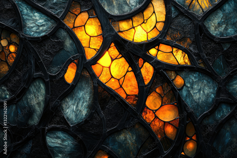 Poster intricate stained glass artwork with dark teal and amber hues, creating a mesmerizing abstract patte
