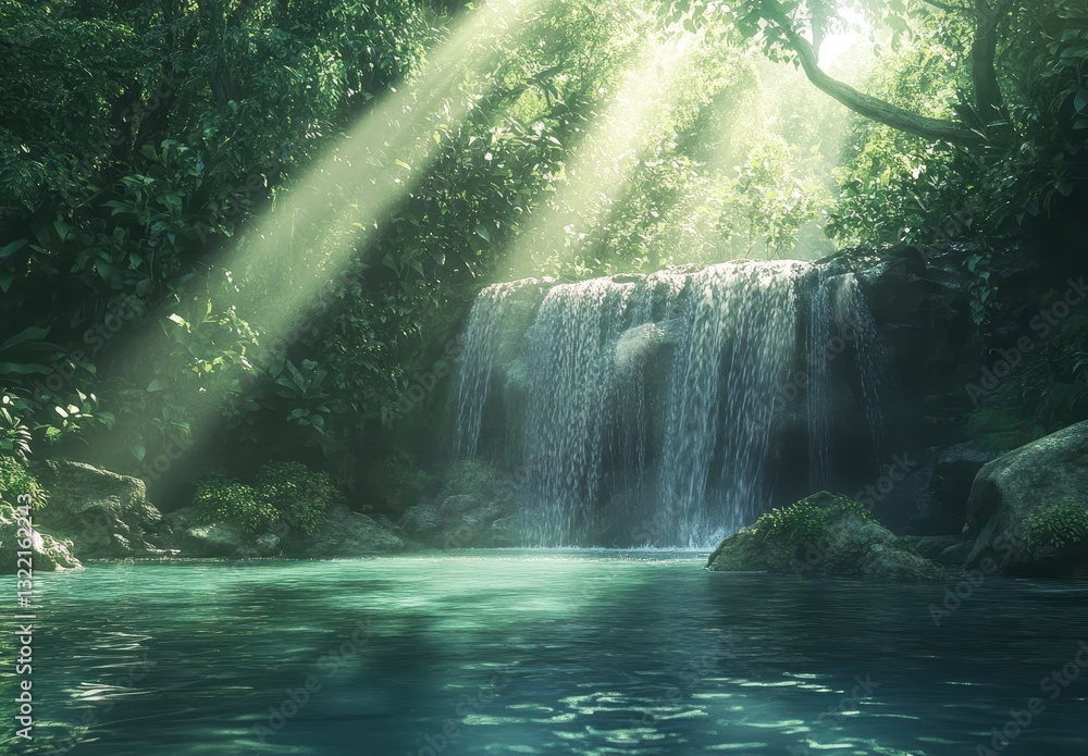 Poster peaceful waterfall surrounded by lush greenery and sunlight filtering through trees creating a seren