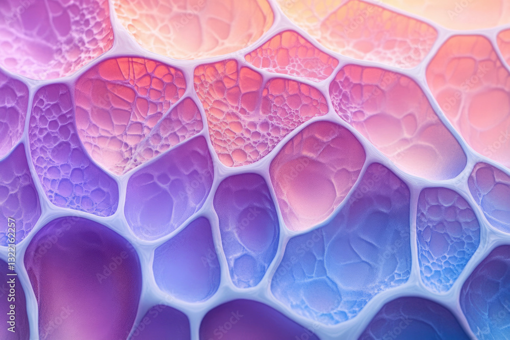 Poster abstract image of a vibrant, interconnected network of pastel-colored cells resembling a microscopic