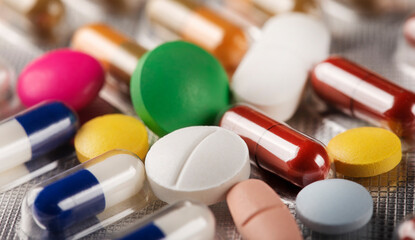 Close-up of pharmaceutical drugs in blister packs.