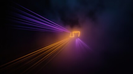 Neon portal tunnel, vibrant light rays, dark smoky background