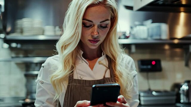 Blonde female chef engaged in texting while working in a modern kitchen setting during the day, Positive blonde woman chef typing on phone in the restaurant kitchen